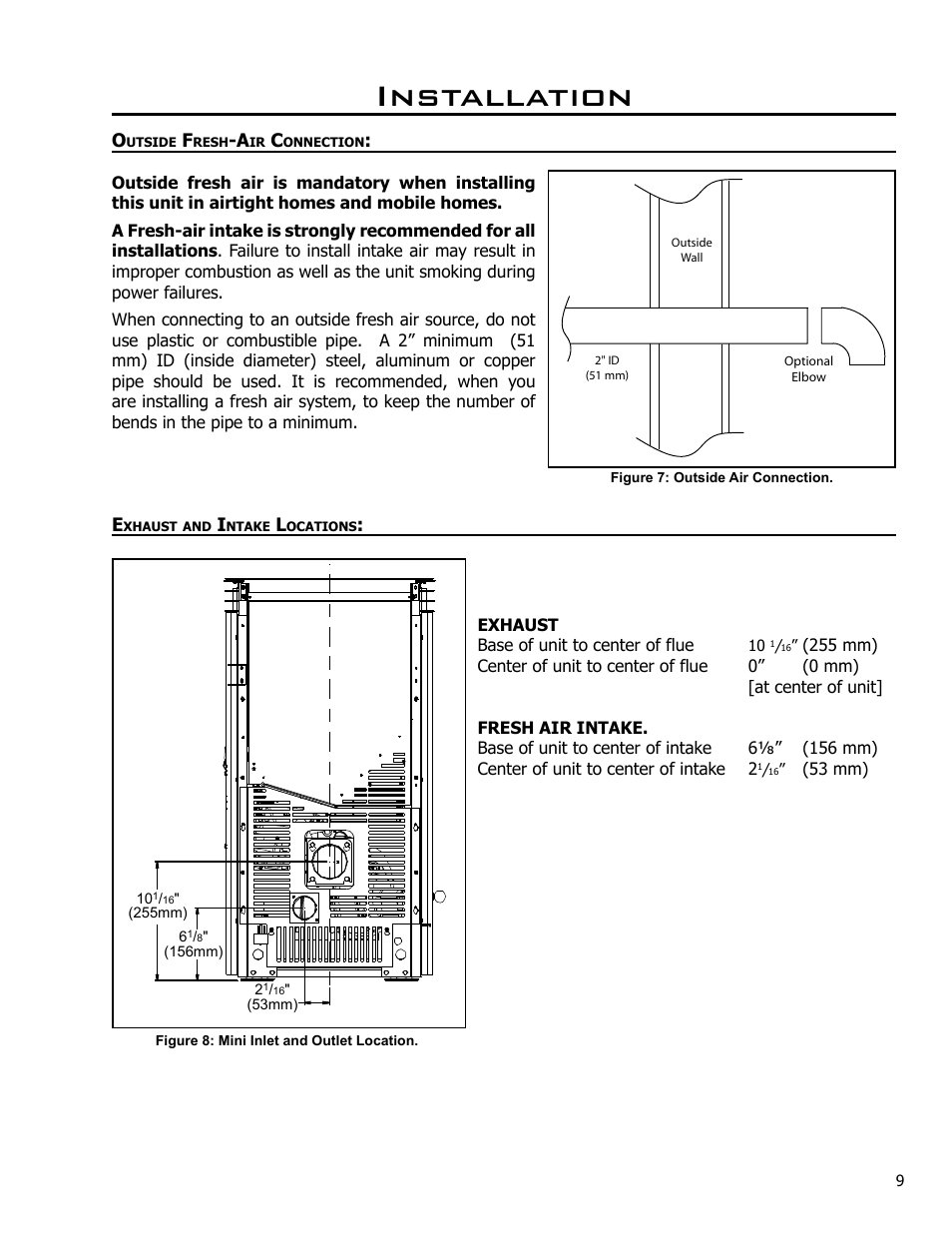 Outside fresh-air connection, Exhaust and intake locations, Installation | Enviro C-10985 User Manual | Page 9 / 31