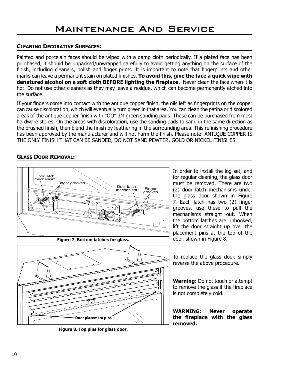 Cleaning decorative surfaces, Glass door removal, Maintenance and service | Enviro C-10791 User Manual | Page 10 / 35
