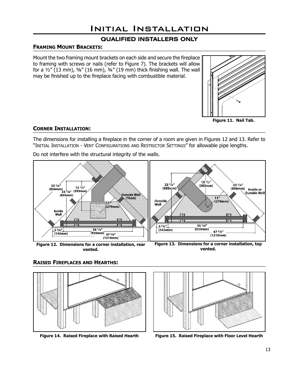 Framing mount brackets, Corner installation, Raised fireplaces and hearths | Initial installation | Enviro C-10791 User Manual | Page 13 / 35