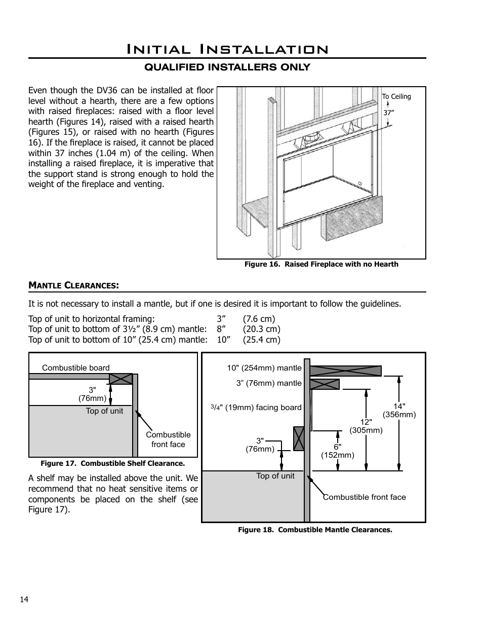 Mantle clearances, Initial installation | Enviro C-10791 User Manual | Page 14 / 35