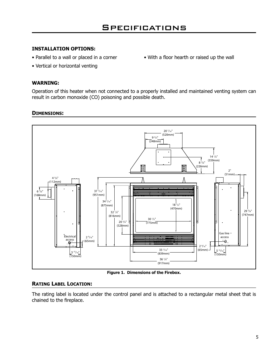 Specifications, Dimensions, Rating label location | Imensions, Figure 1. dimensions of the firebox, Ating, Abel, Ocation | Enviro C-10791 User Manual | Page 5 / 35