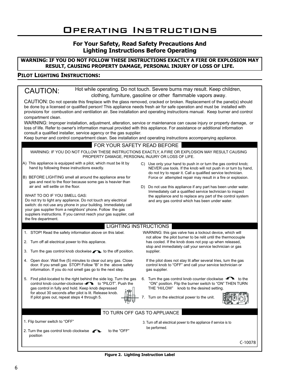 Operating instructions, Pilot lighting instructions, Caution | Enviro C-10791 User Manual | Page 6 / 35