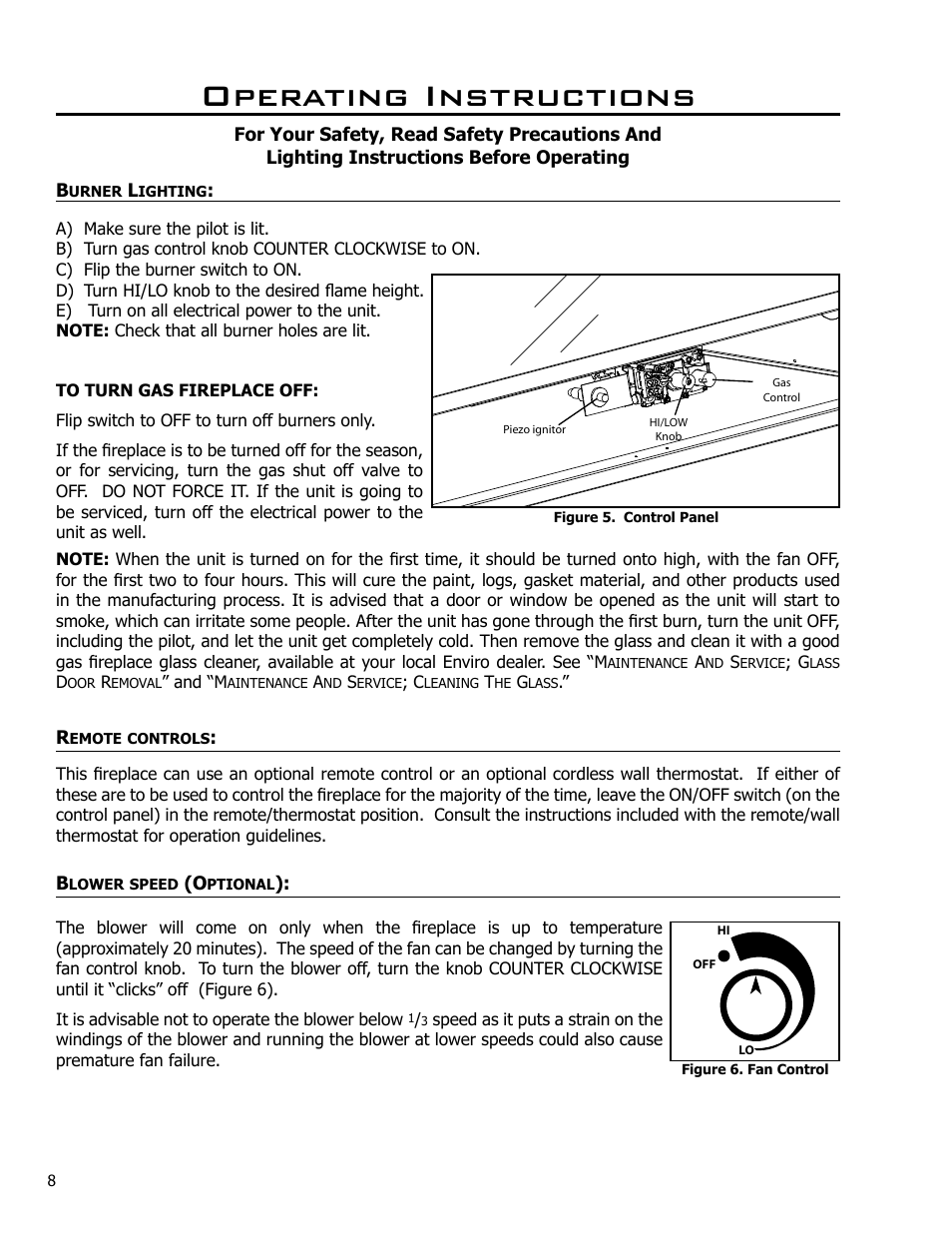 Burner lighting, Remote controls, Blower speed (optional) | Operating instructions | Enviro C-10791 User Manual | Page 8 / 35