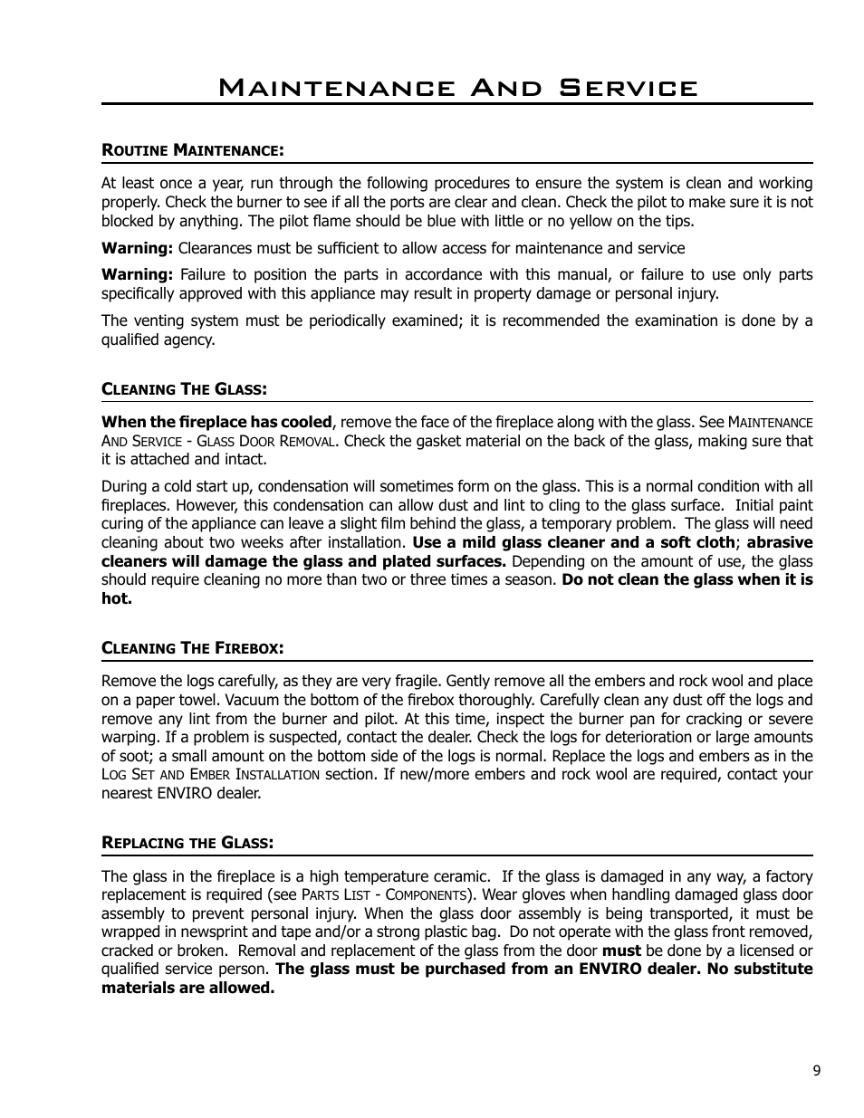 Maintenance and service, Routine maintenance, Cleaning the glass | Cleaning the firebox, Replacing the glass | Enviro C-10791 User Manual | Page 9 / 35