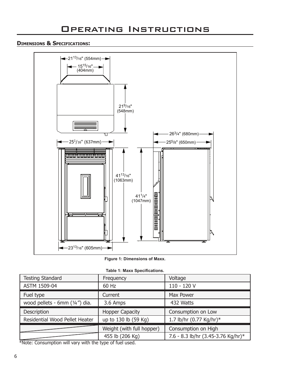 Dimensions & specifications, Operating instructions | Enviro MAX 50-1531 User Manual | Page 6 / 16