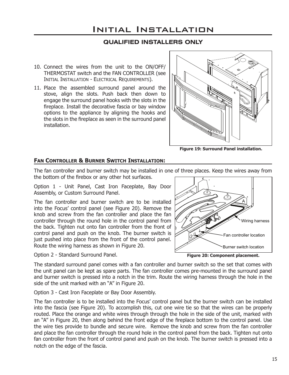 Fan controller & burner switch installation, Initial installation | Enviro C-11288 User Manual | Page 15 / 34