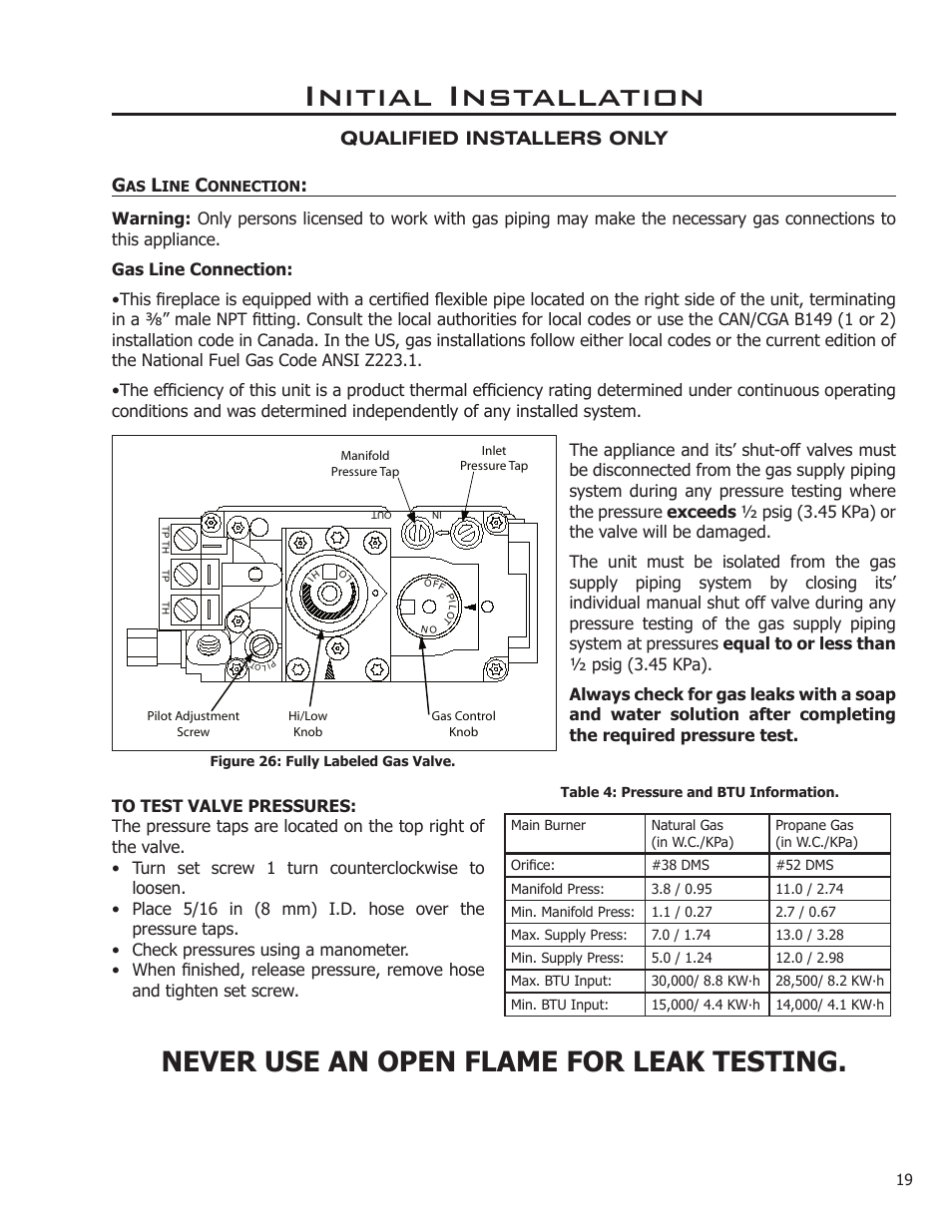 Gas line connection, Initial installation, Never use an open flame for leak testing | Qualified installers only g | Enviro C-11288 User Manual | Page 19 / 34