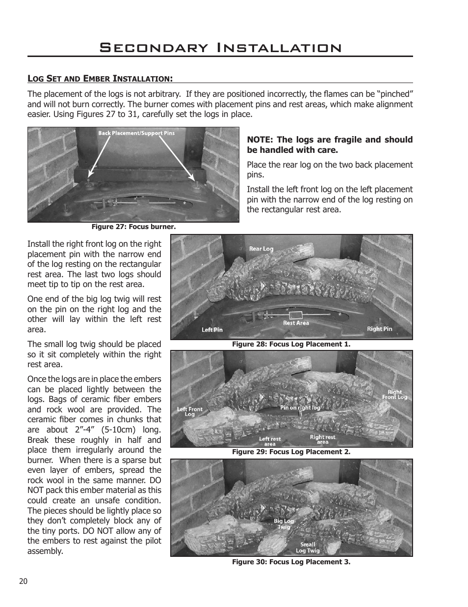 Secondary installation, Log set and ember installation | Enviro C-11288 User Manual | Page 20 / 34