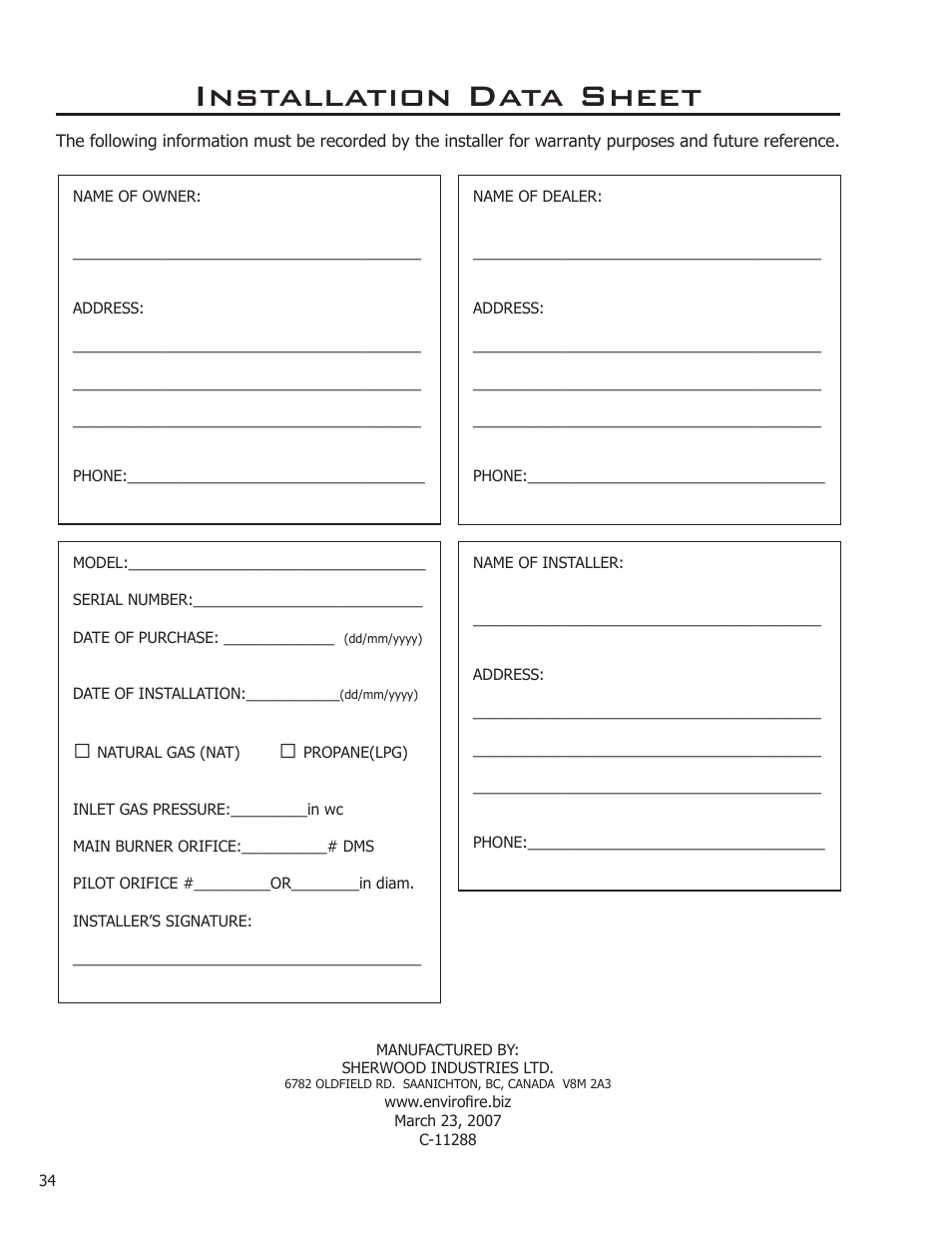 Installation data sheet | Enviro C-11288 User Manual | Page 34 / 34