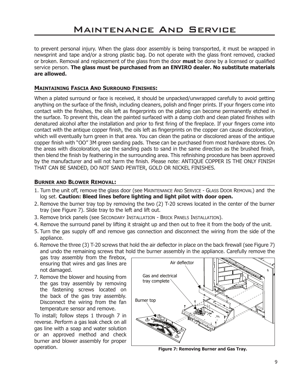 Maintaining fascia and surround finishes, Burner and blower removal, Maintenance and service | Enviro C-11288 User Manual | Page 9 / 34