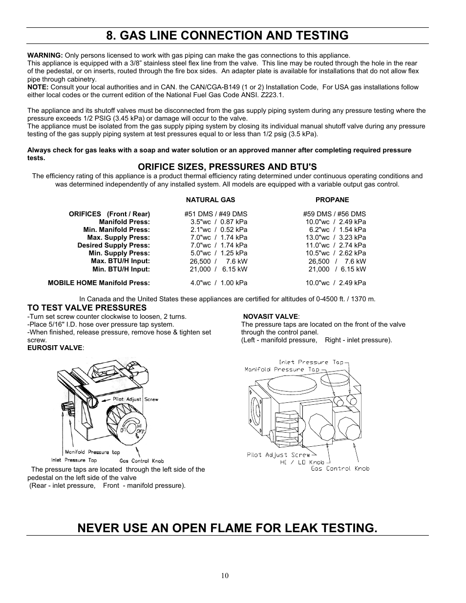 Gas line connection and testing, Never use an open flame for leak testing | Enviro 828 DV.INS. User Manual | Page 10 / 25