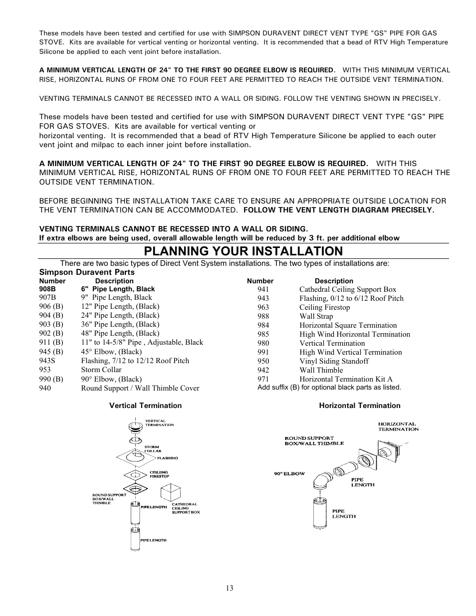 Planning your installation, Simpson duravent parts, Numberdescription number description | 908b6" pipe length, black | Enviro 828 DV.INS. User Manual | Page 13 / 25