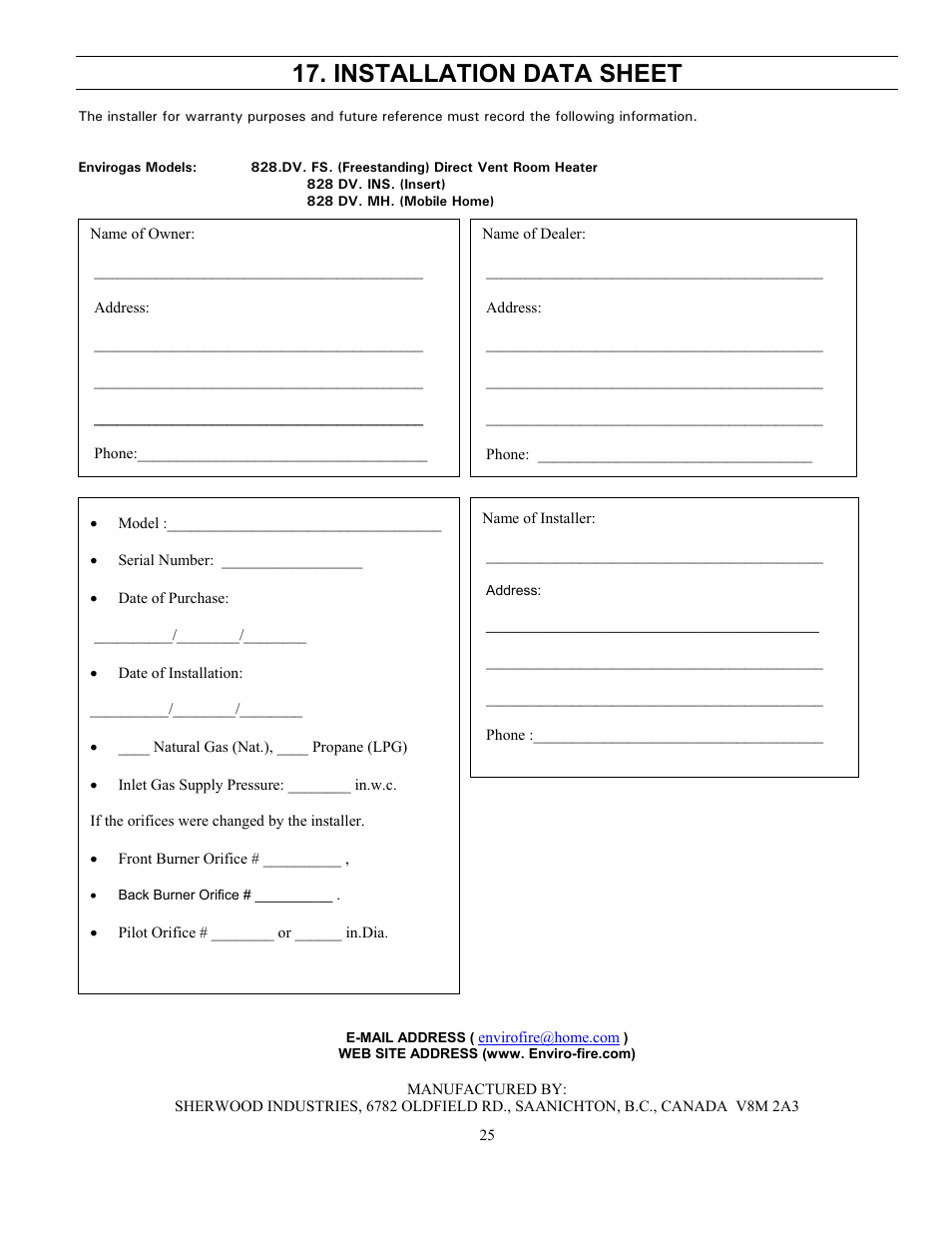 Installation data sheet | Enviro 828 DV.INS. User Manual | Page 25 / 25