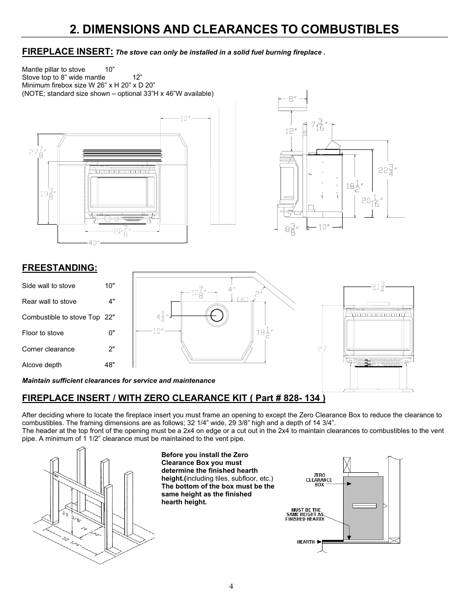 Dimensions, Clearances, Combustibles | Enviro 828 DV.INS. User Manual | Page 4 / 25