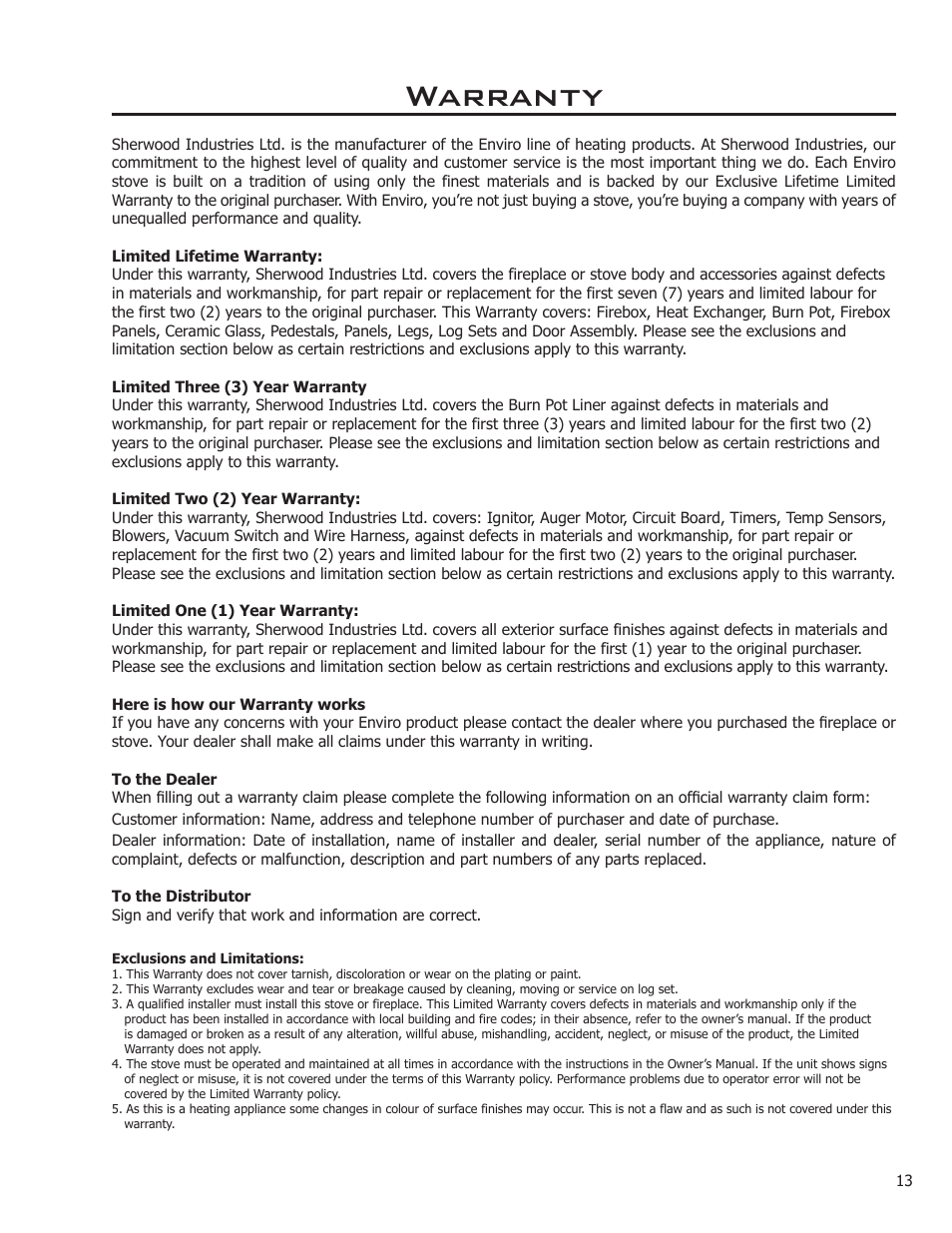 Warranty | Enviro Meridian C-11153 User Manual | Page 13 / 15