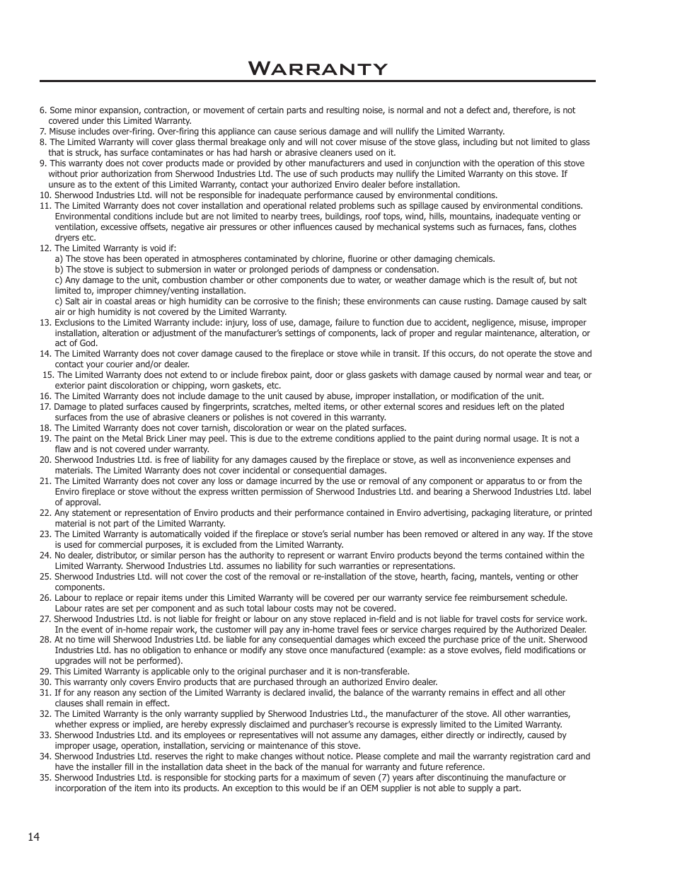 Warranty | Enviro Meridian C-11153 User Manual | Page 14 / 15
