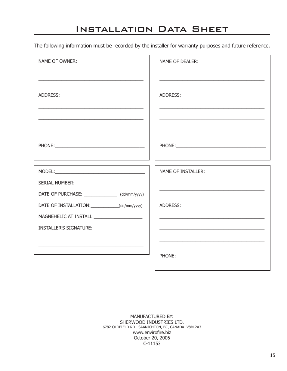 Installation data sheet | Enviro Meridian C-11153 User Manual | Page 15 / 15