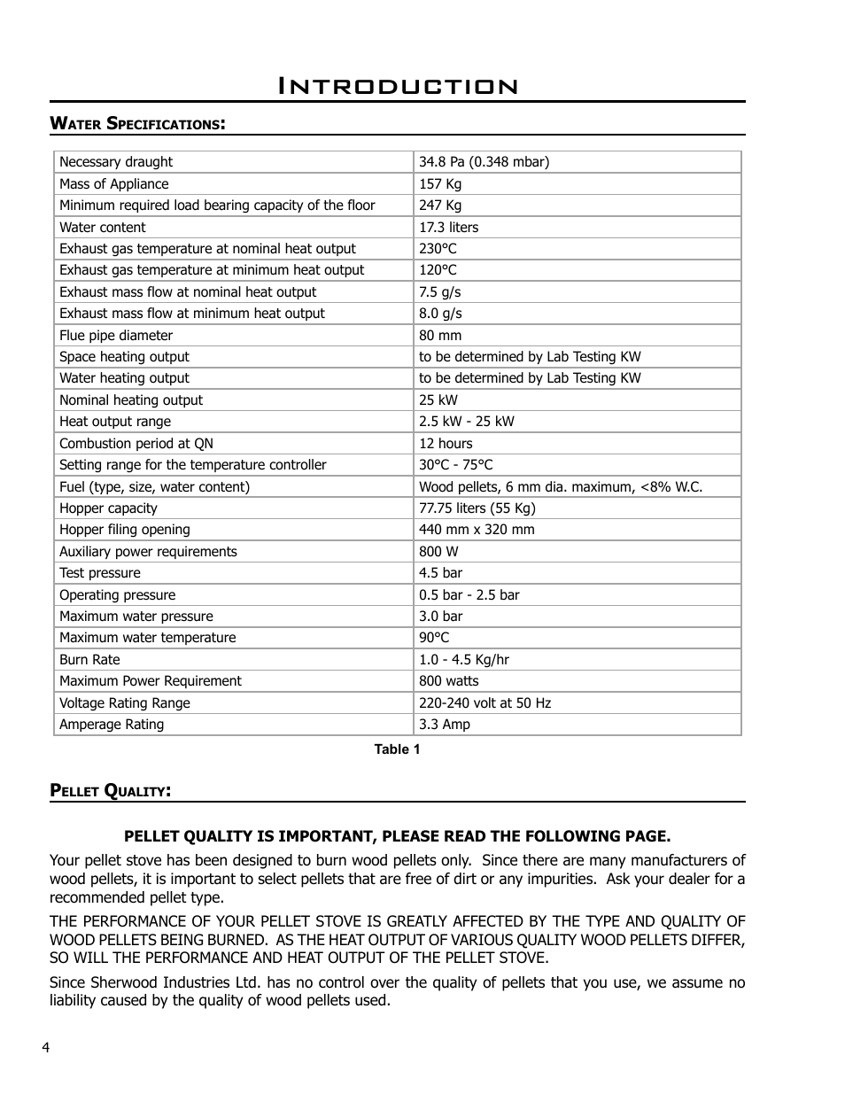 Water specifications, Pellet quality, Introduction | Enviro EF THERMO 28 CE2005 User Manual | Page 4 / 15