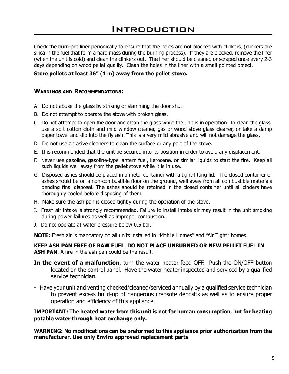 Warnings and recommendations, Introduction | Enviro EF THERMO 28 CE2005 User Manual | Page 5 / 15