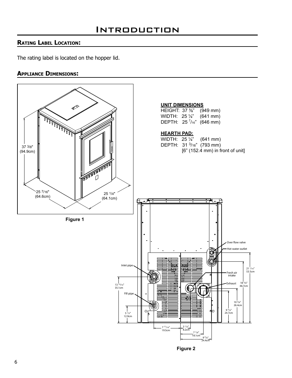 Rating label location, Appliance dimensions, Introduction | The rating label is located on the hopper lid, Ating, Abel, Ocation, Ppliance, Imensions | Enviro EF THERMO 28 CE2005 User Manual | Page 6 / 15