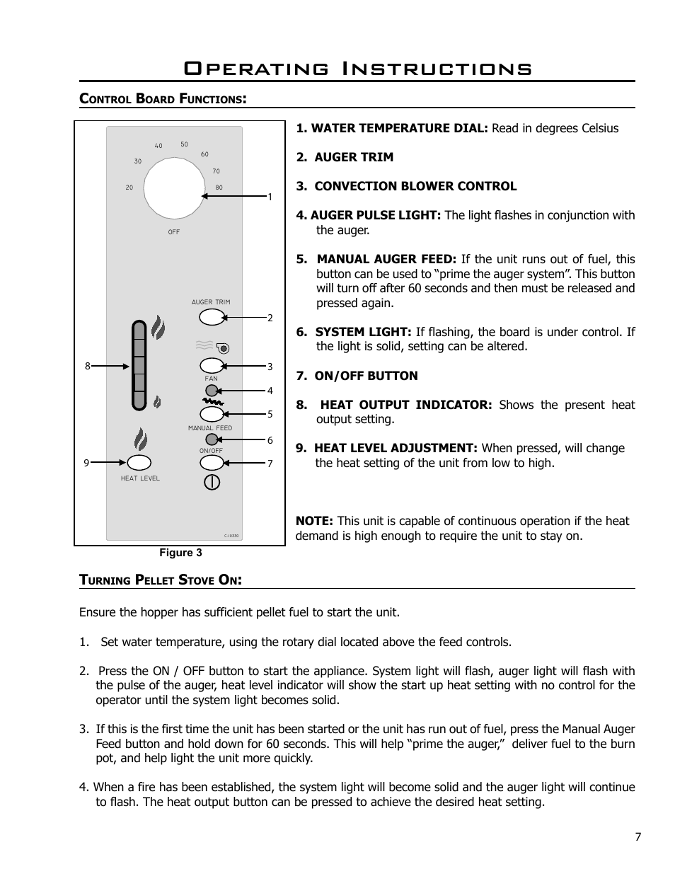 Operating instructions, Control board functions, Turning pellet stove on | Enviro EF THERMO 28 CE2005 User Manual | Page 7 / 15