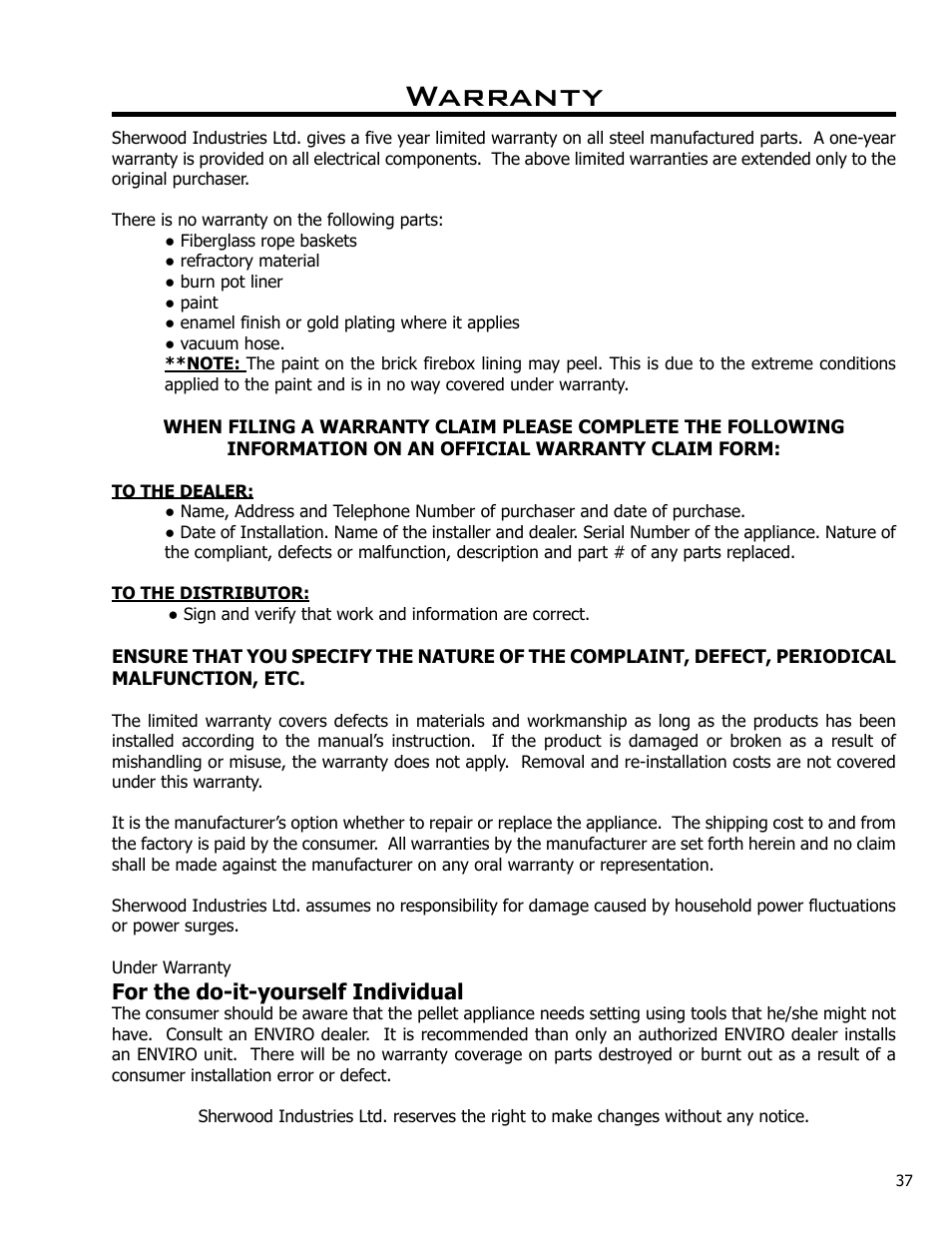 Warranty | Enviro Meridian C-10135 User Manual | Page 37 / 38