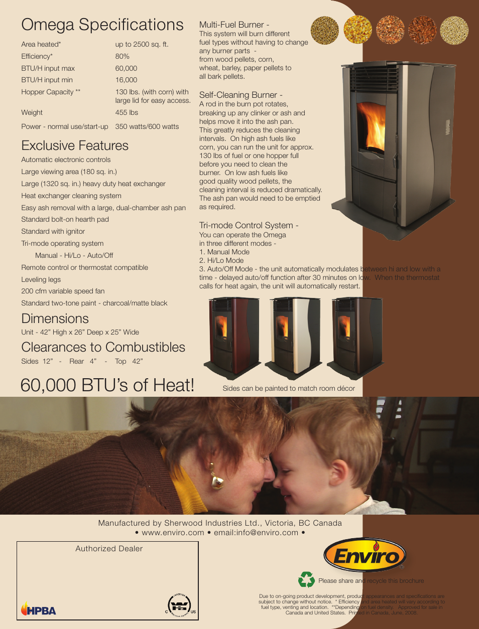 Omega specifications, Exclusive features, Dimensions | Clearances to combustibles | Enviro Omega User Manual | Page 2 / 2