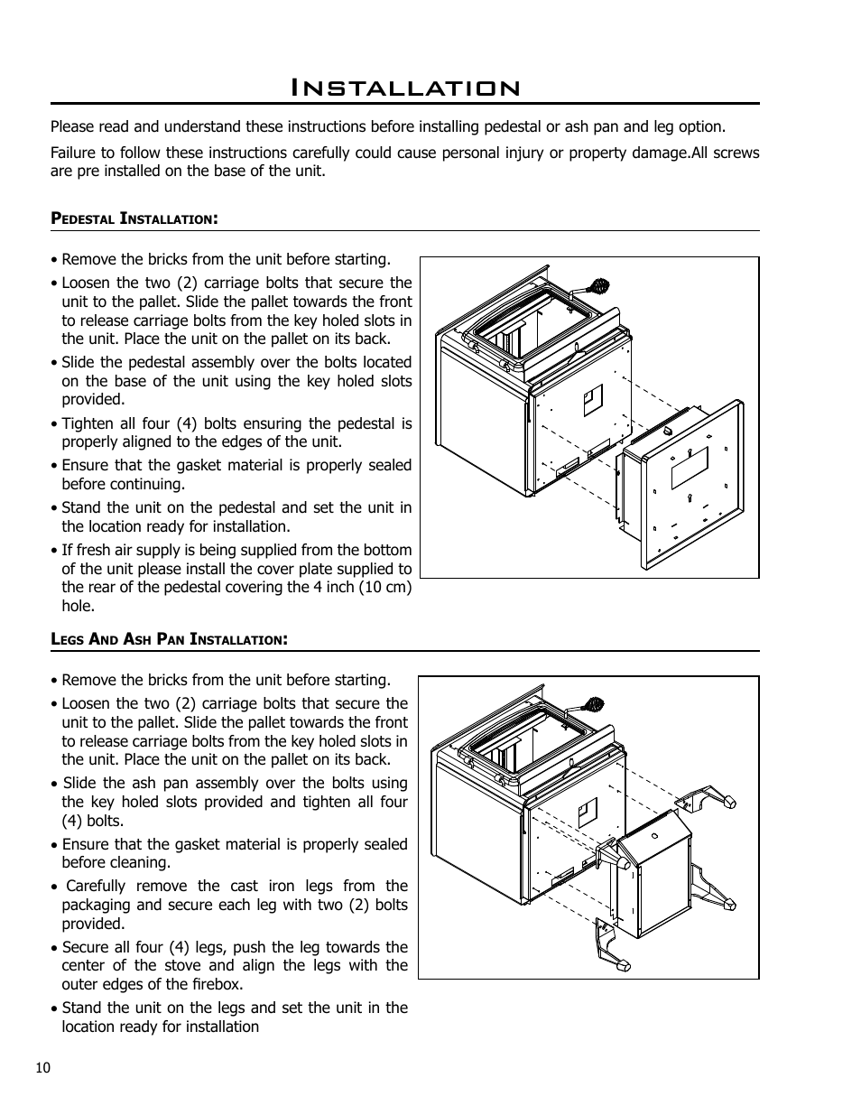 Installation, Pedestal installation, Legs and ash pan installation | Enviro 2100 User Manual | Page 10 / 20