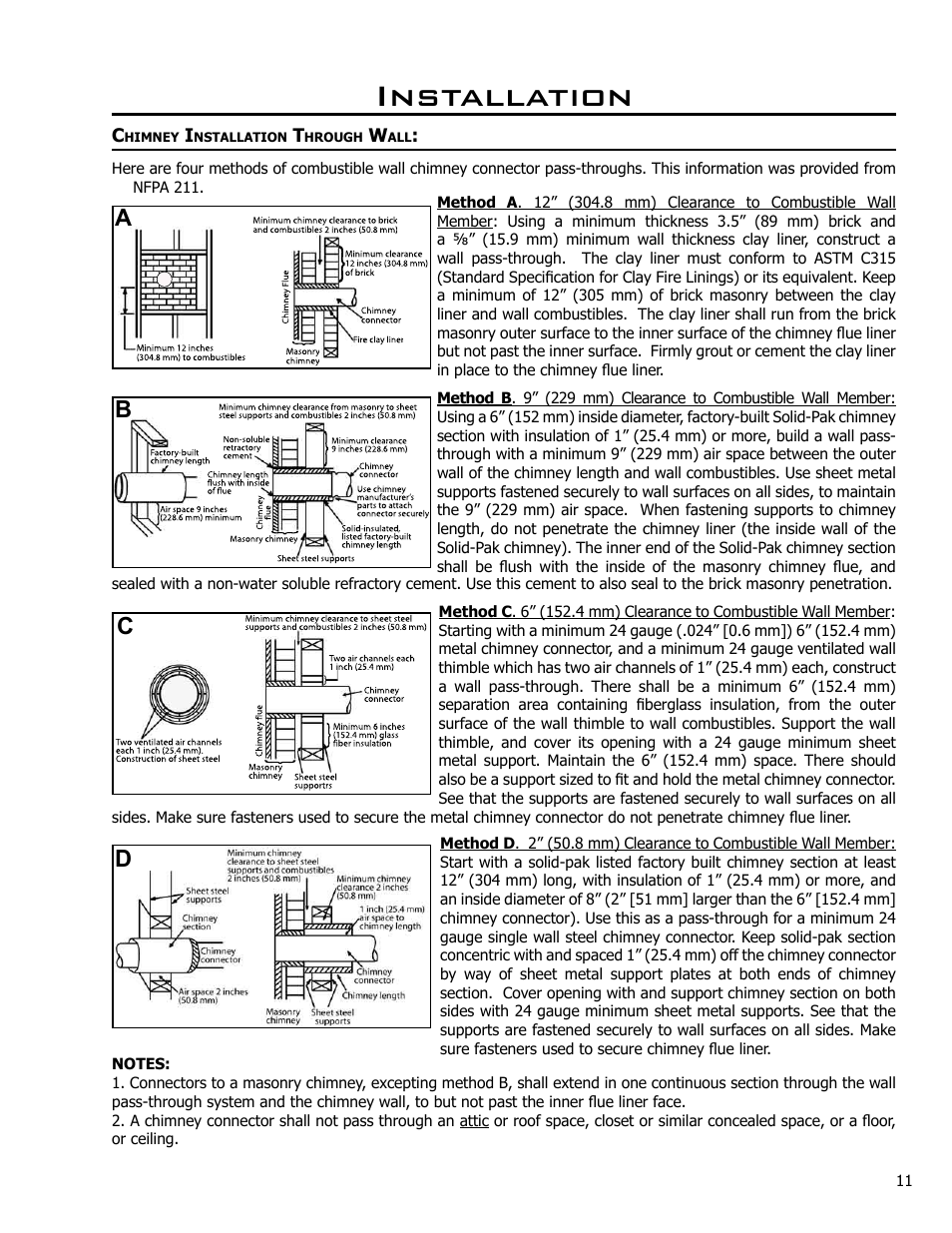 Chimney installation through wall, Installation, Ad c b | Enviro 2100 User Manual | Page 11 / 20