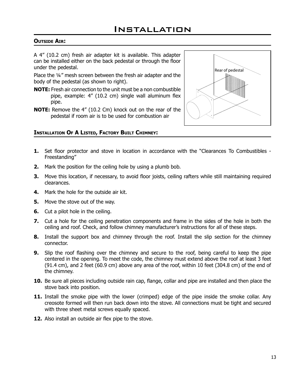 Outside air, Installation of a listed, factory built chimney, Installation | Enviro 2100 User Manual | Page 13 / 20