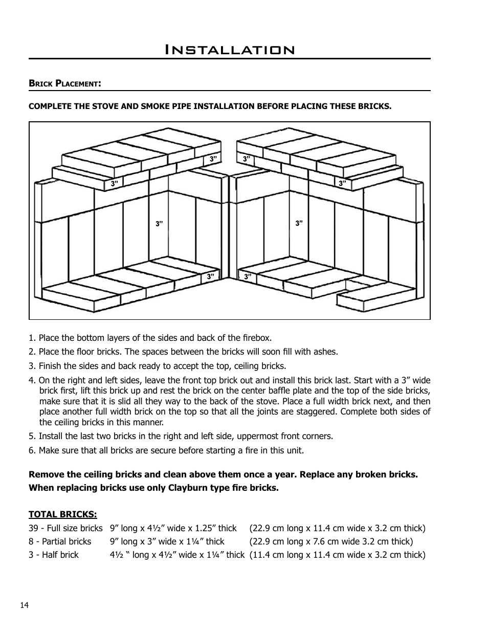 Brick placement, Installation | Enviro 2100 User Manual | Page 14 / 20