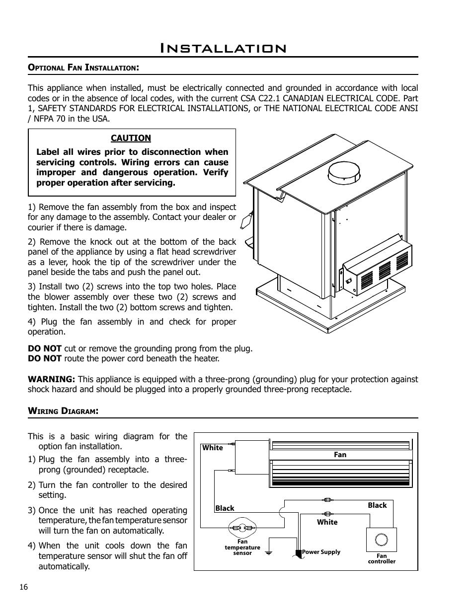 Optional fan installation, Wiring diagram, Optional fan installation wiring diagram | Installation | Enviro 2100 User Manual | Page 16 / 20