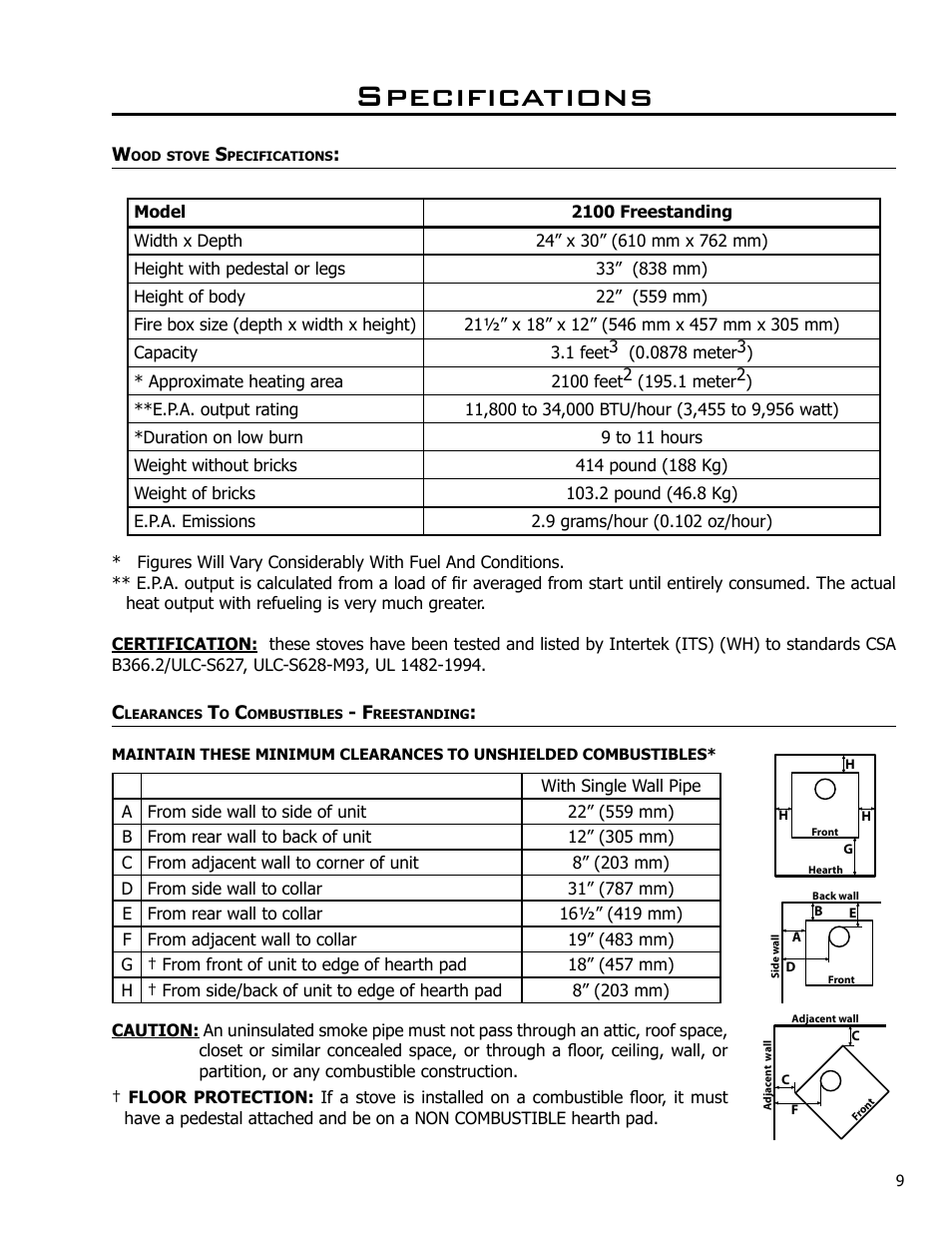 Specifications, Woodstove specifications, Clearances to combustibles - freestanding | Enviro 2100 User Manual | Page 9 / 20