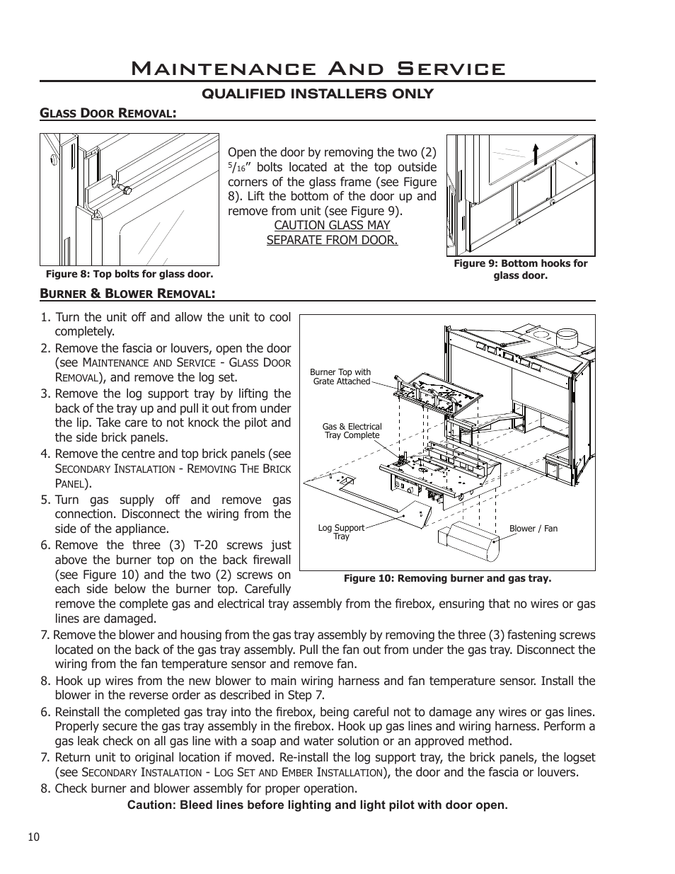 Glass door removal, Burner & blower removal, Maintenance and service | Enviro C-11212 User Manual | Page 10 / 35