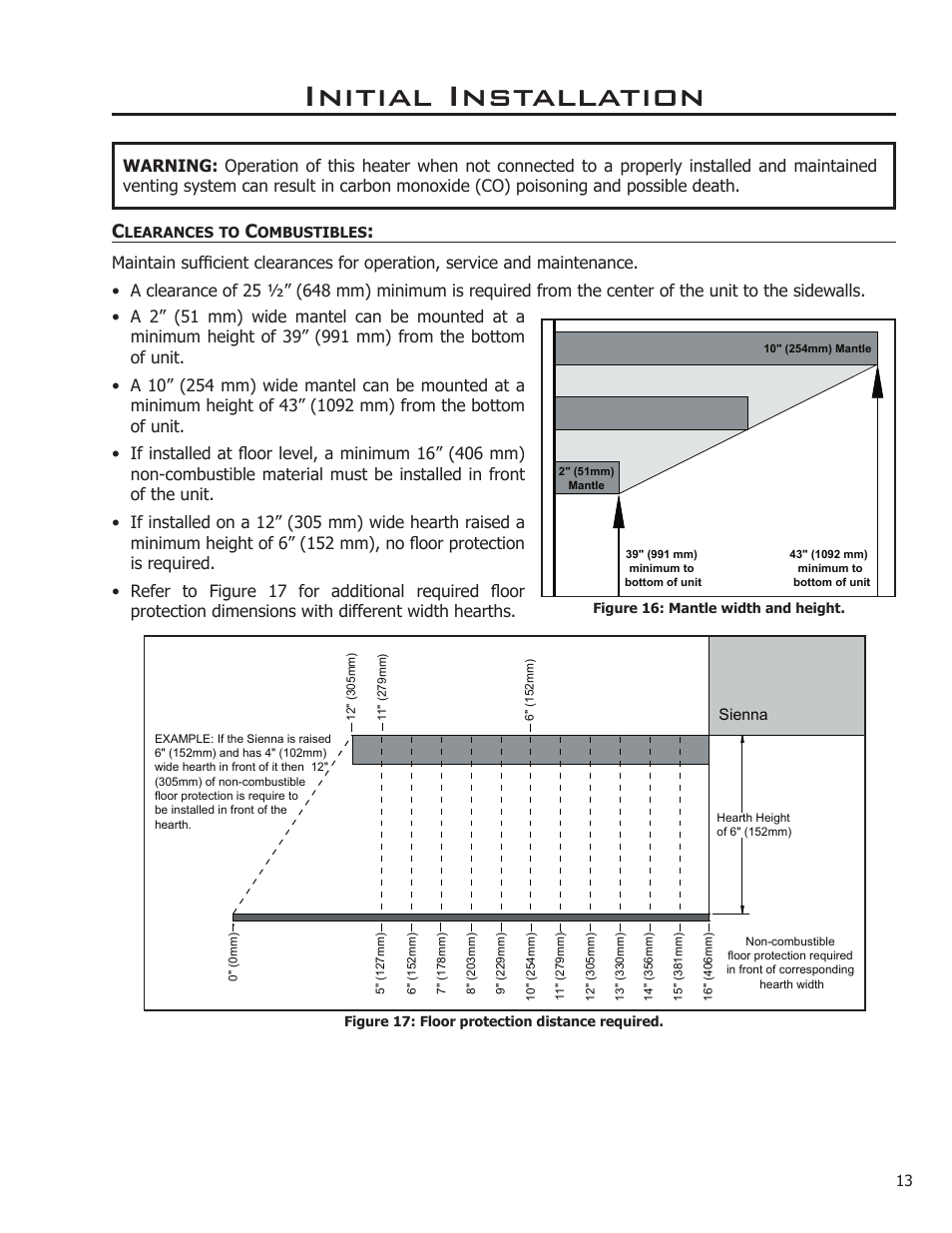 Initial installation, Clearances to combustibles | Enviro C-11212 User Manual | Page 13 / 35