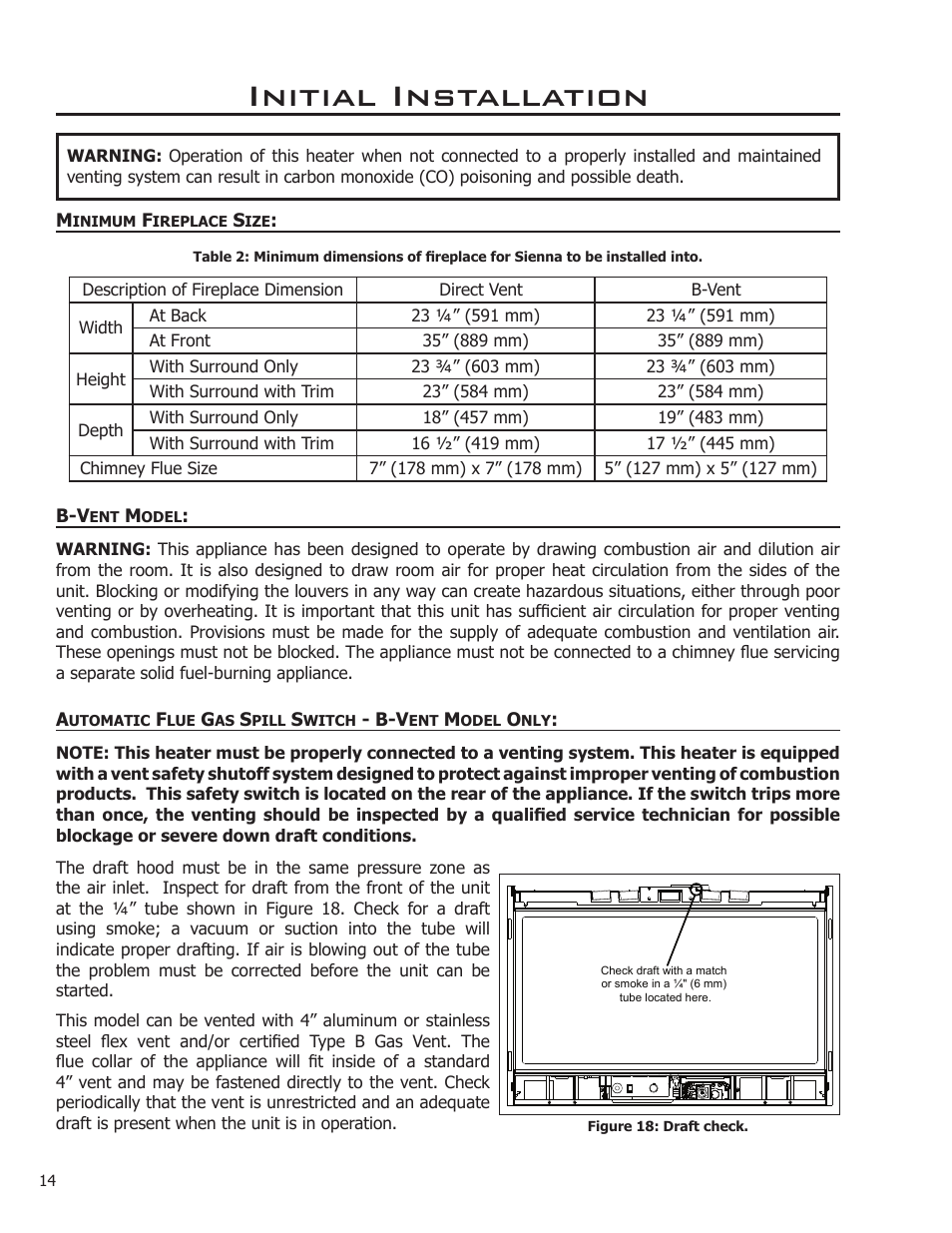 Minimum fireplace size, B-vent model, Initial installation | Enviro C-11212 User Manual | Page 14 / 35