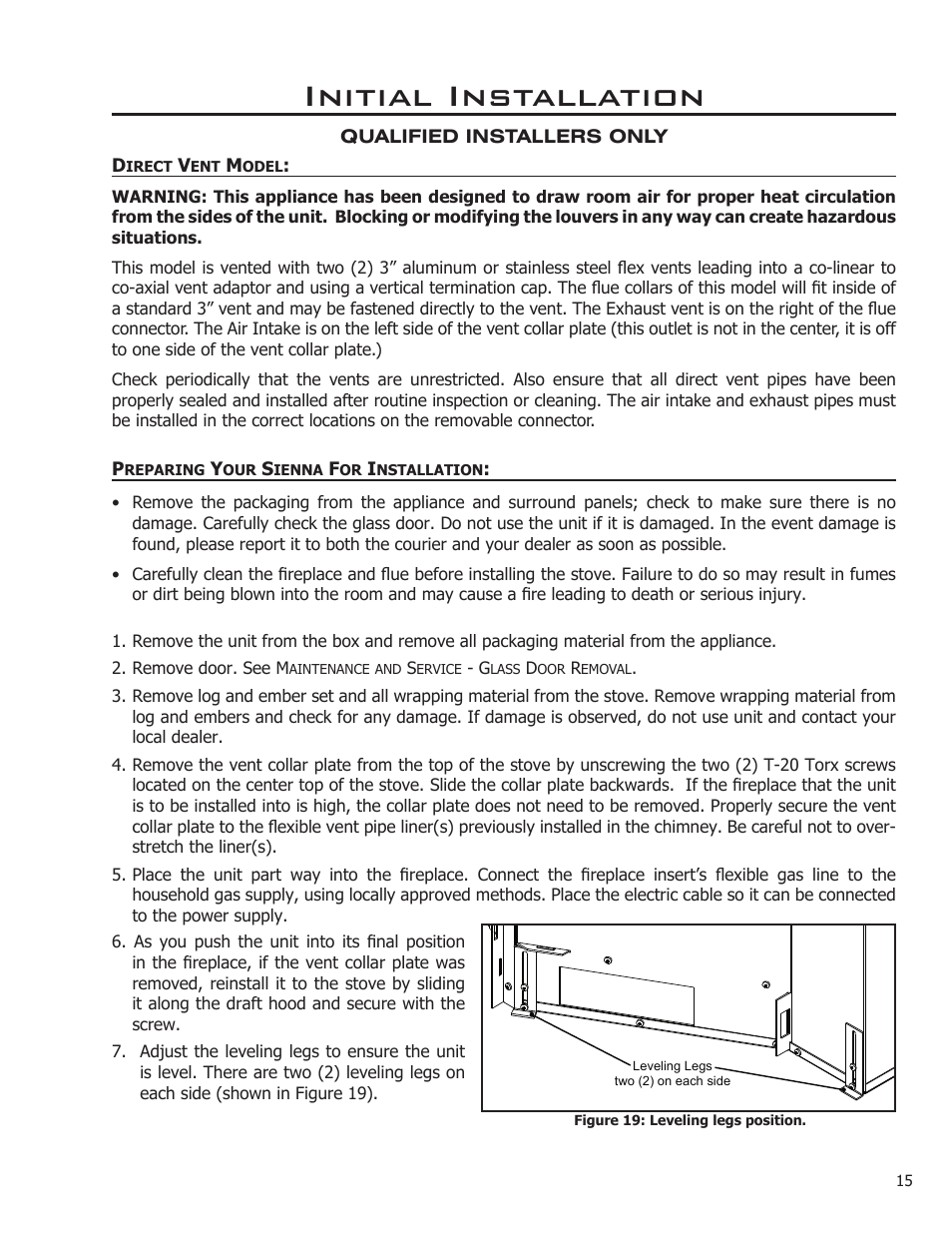 Direct vent model, Preparing your sienna for installation, Initial installation | Enviro C-11212 User Manual | Page 15 / 35