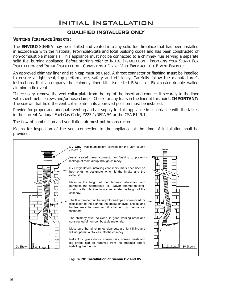 Venting fireplace inserts, Initial installation | Enviro C-11212 User Manual | Page 16 / 35