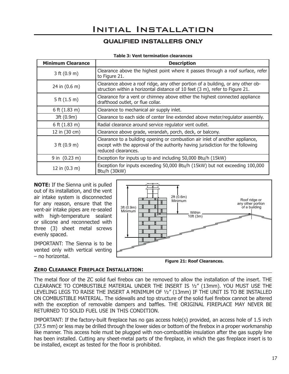 Zero clearance fireplace installation, Initial installation | Enviro C-11212 User Manual | Page 17 / 35