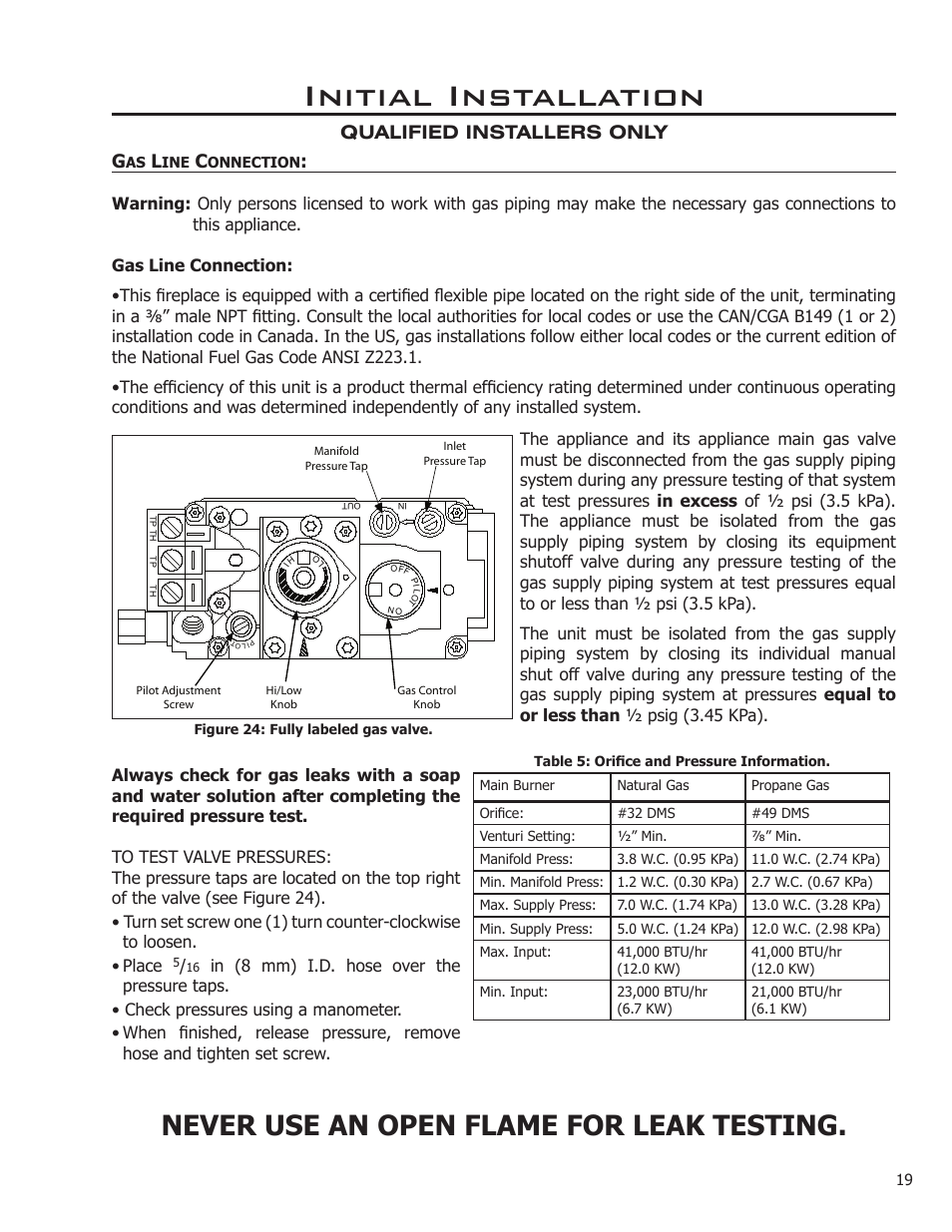 Gas line connection, Initial installation, Never use an open flame for leak testing | Qualified installers only g | Enviro C-11212 User Manual | Page 19 / 35