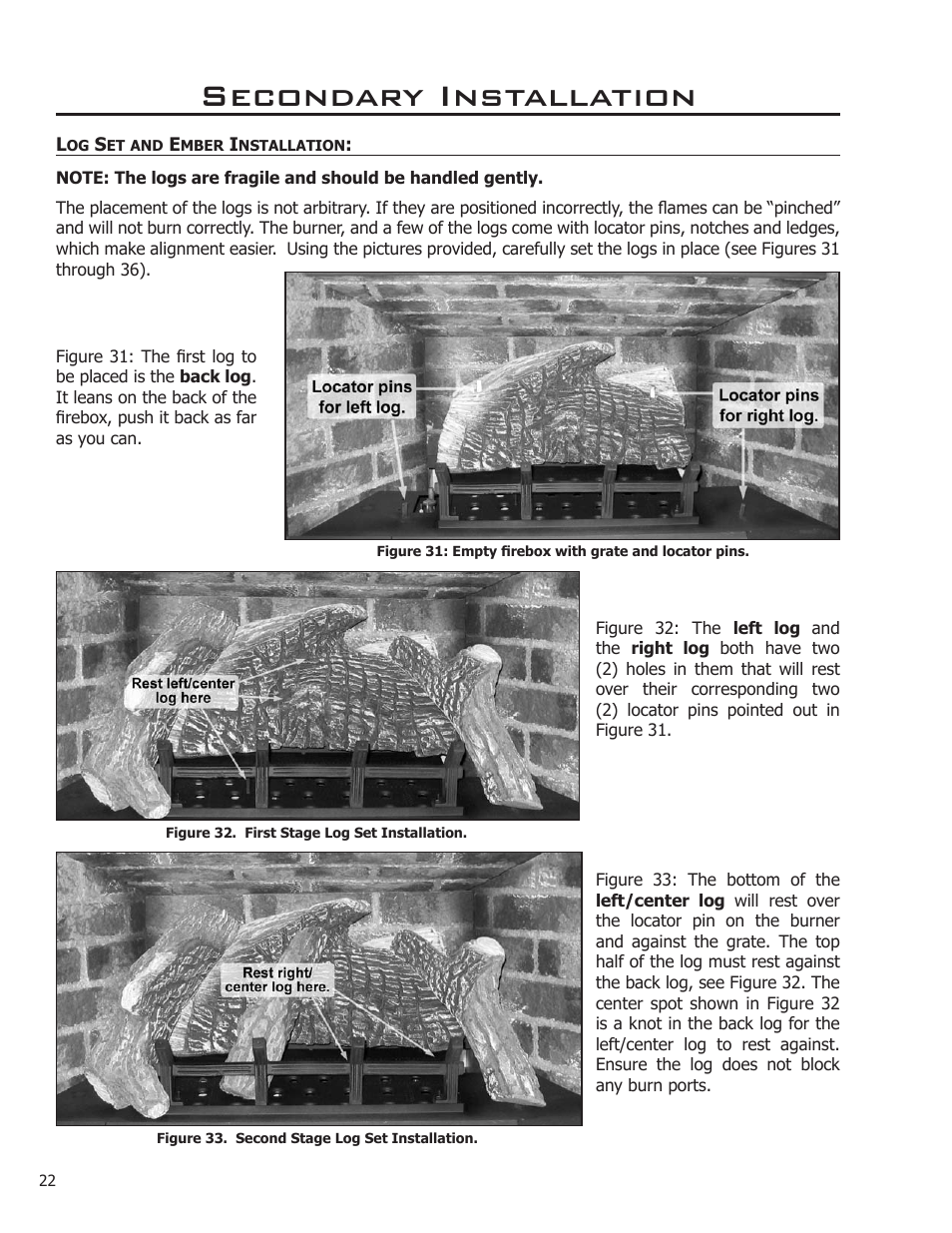 Log set and ember installation, Secondary installation | Enviro C-11212 User Manual | Page 22 / 35