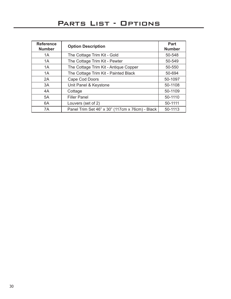 Parts list - options | Enviro C-11212 User Manual | Page 30 / 35