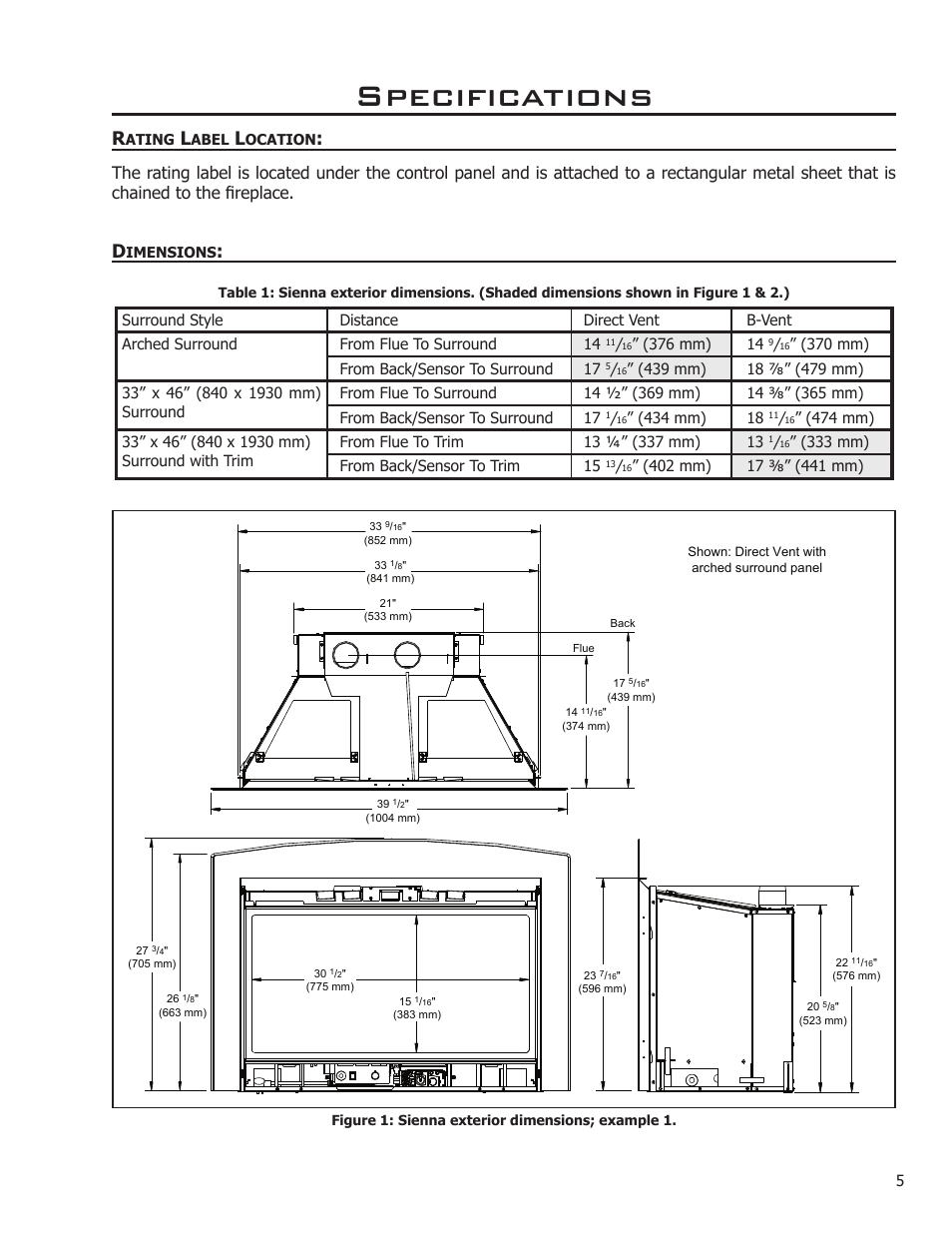 Specifications, Rating label location, Dimensions | Enviro C-11212 User Manual | Page 5 / 35