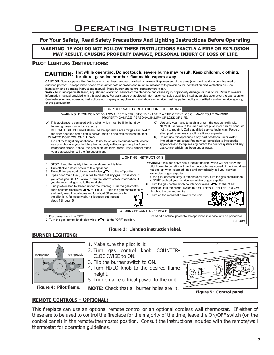 Operating instructions, Pilot lighting instructions, Burner lighting | Remote controls - optional, Caution, Ilot, Ighting, Nstructions, Figure 3: lighting instruction label, Figure 4: pilot flame | Enviro C-11212 User Manual | Page 7 / 35