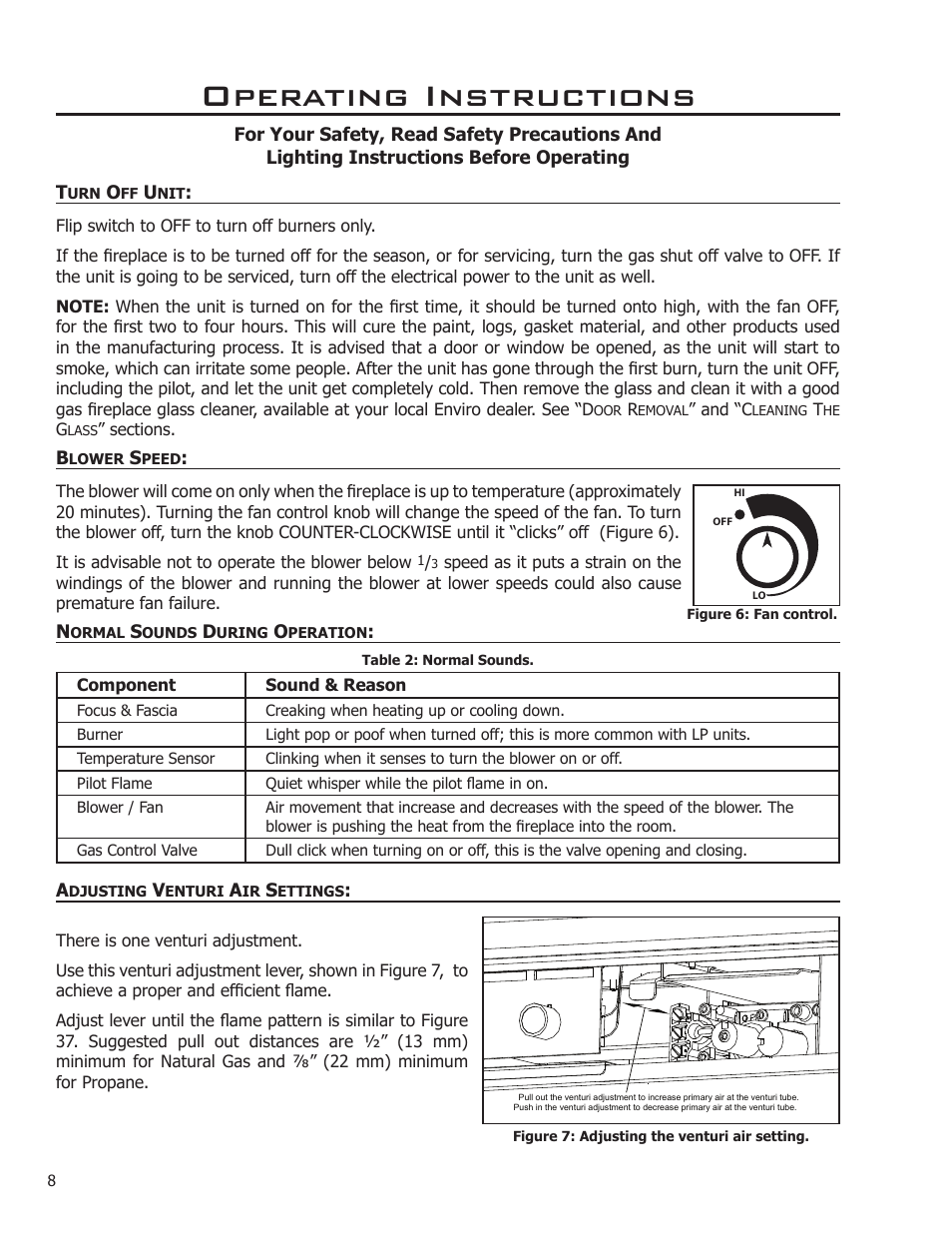 Turn off unit, Blower speed, Normal sounds during operation | Adjusting venturi air settings, Operating instructions | Enviro C-11212 User Manual | Page 8 / 35