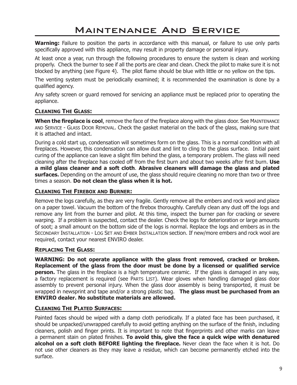 Maintenance and service, Cleaning the glass, Cleaning the firebox and burner | Replacing the glass, Cleaning the plated surfaces | Enviro C-11212 User Manual | Page 9 / 35