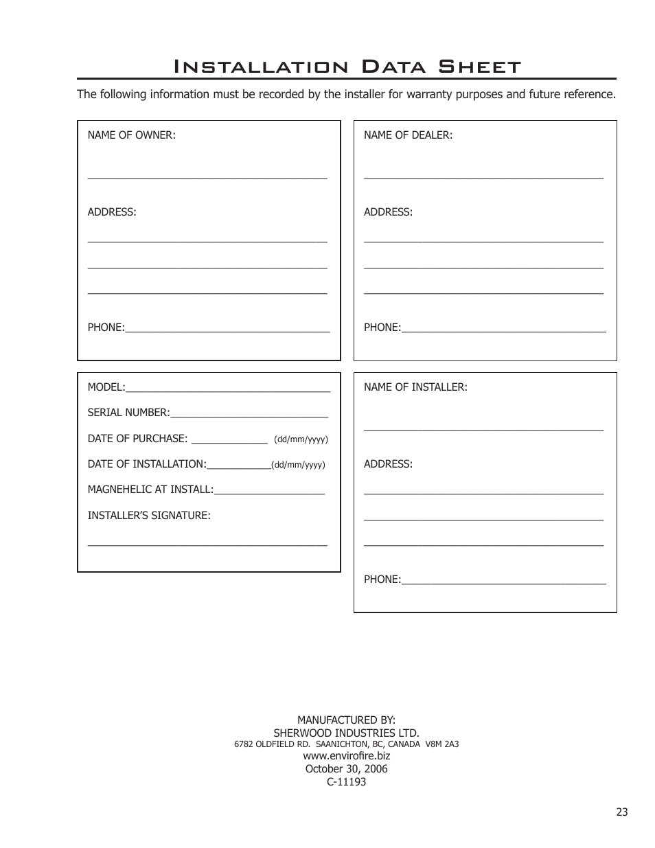 Installation data sheet | Enviro 50-1386 User Manual | Page 23 / 23