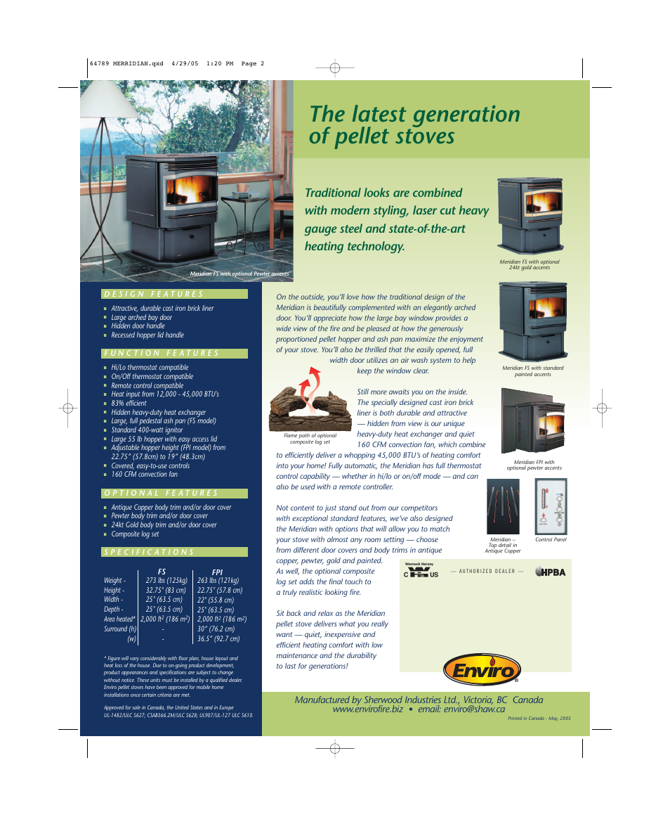 The latest generation of pellet stoves, Email: enviro@shaw.ca | Enviro Meridian FS User Manual | Page 2 / 2