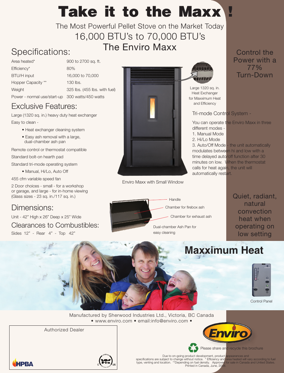 Take it to the maxx, Maxximum heat, Specifications | Exclusive features, Dimensions, Clearances to combustibles, The most powerful pellet stove on the market today, Control the power with a 77% turn-down | Enviro Maxx User Manual | Page 2 / 2