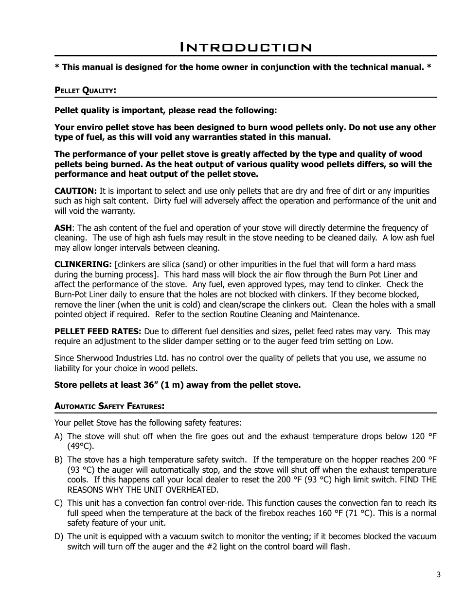 Introduction, Pellet quality, Automatic safety features of your pellet stove | Pellet quality automatic safety features | Enviro MERIDIAN 50-830 User Manual | Page 3 / 14